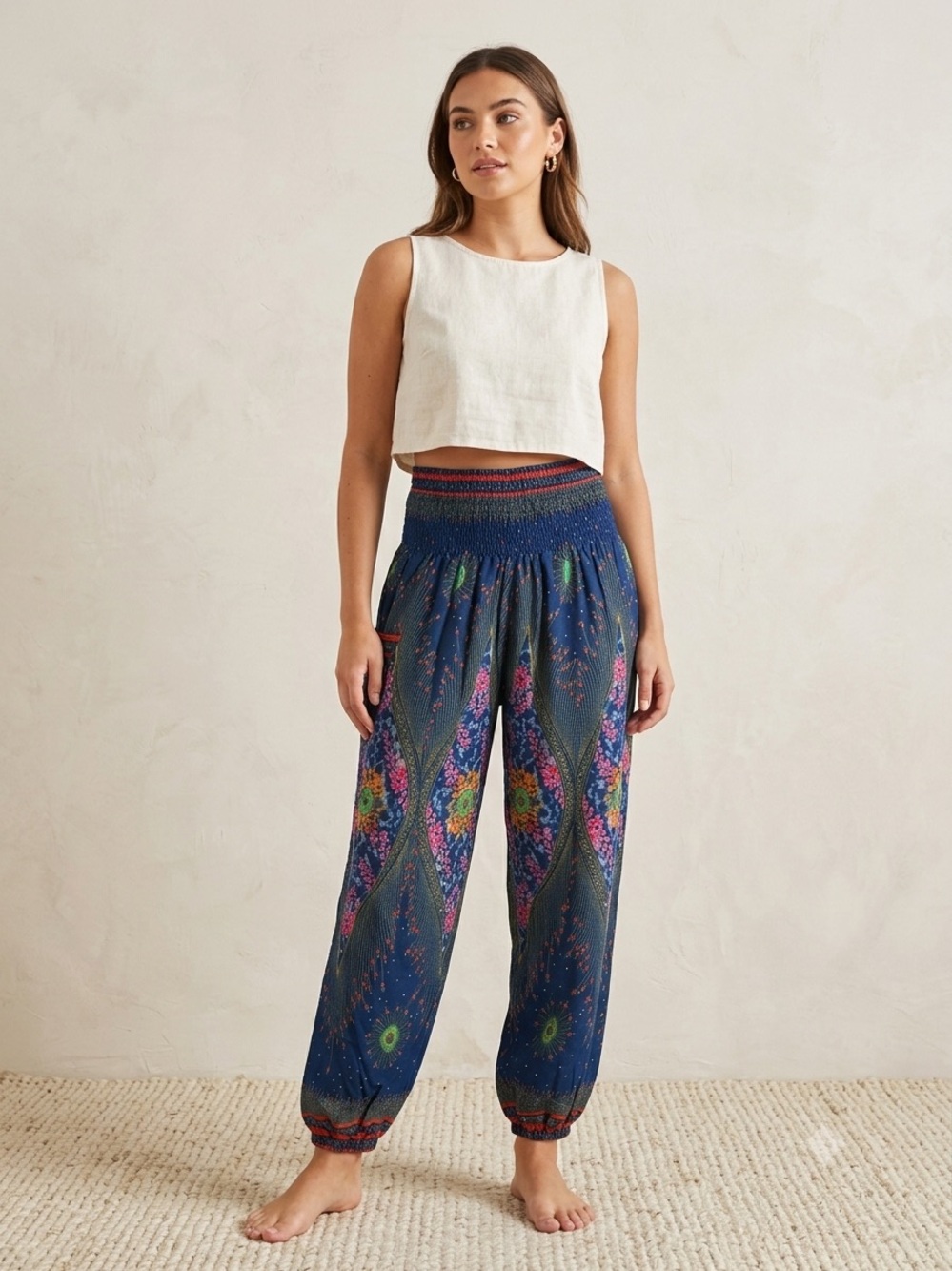 Navy Floral Smocked Waist Harem Joggers